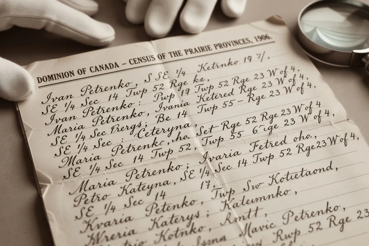 Close-up of 1906 Prairie Census form pages showing Ukrainian family entries