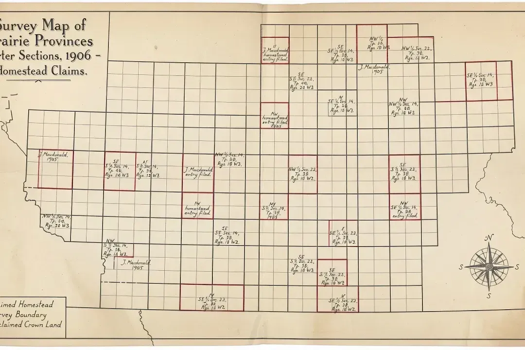 Survey map of Prairie Provinces quarter sections from 1906 showing homestead claims