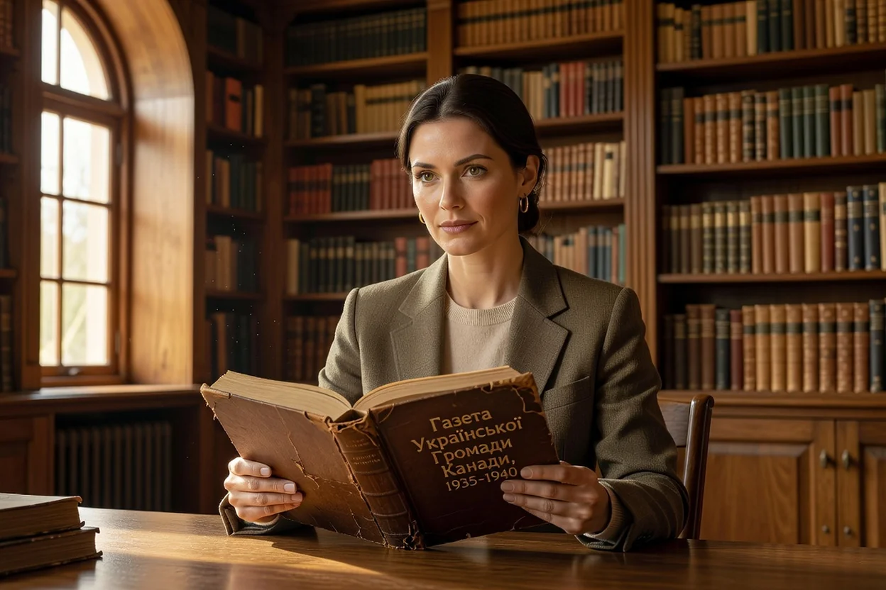 Ukrainian-Canadian genealogist reading bound volumes of old community periodicals in a library