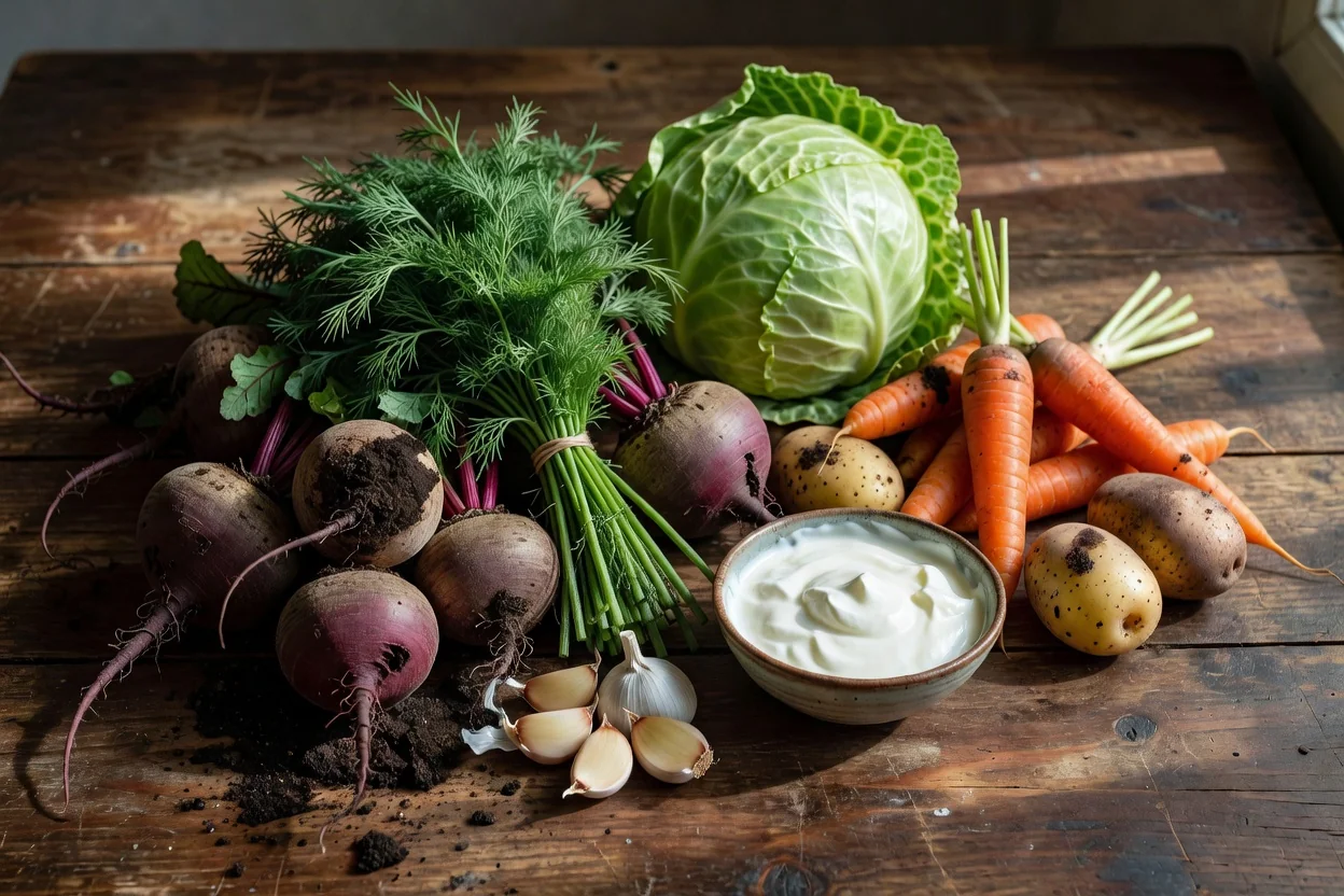 Fresh ingredients for Ukrainian borscht — beets, dill, cabbage, carrots, potatoes and a bowl of sour cream — arranged on a wooden kitchen table