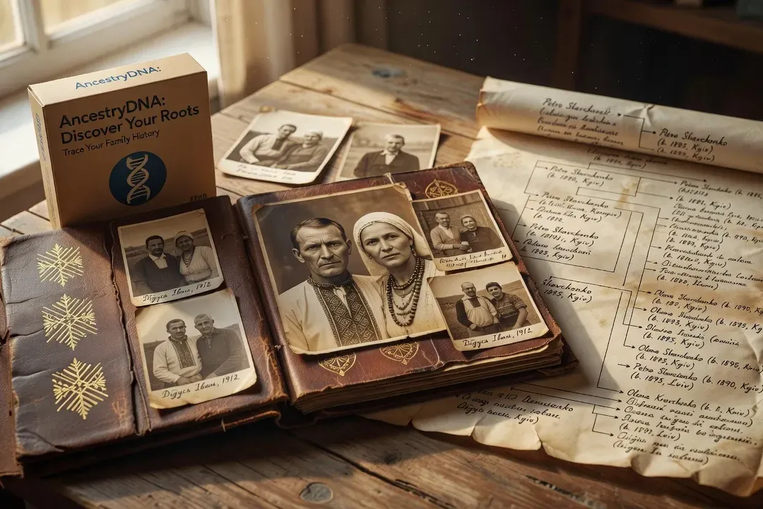 DNA ancestry test kit next to old Ukrainian family photograph album and handwritten genealogy chart