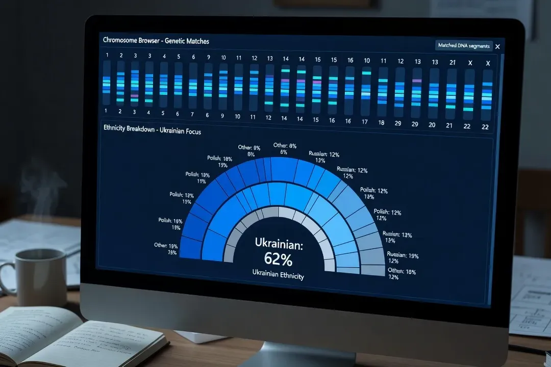 Chromosome browser visualization on computer screen with Ukrainian ethnicity breakdown chart