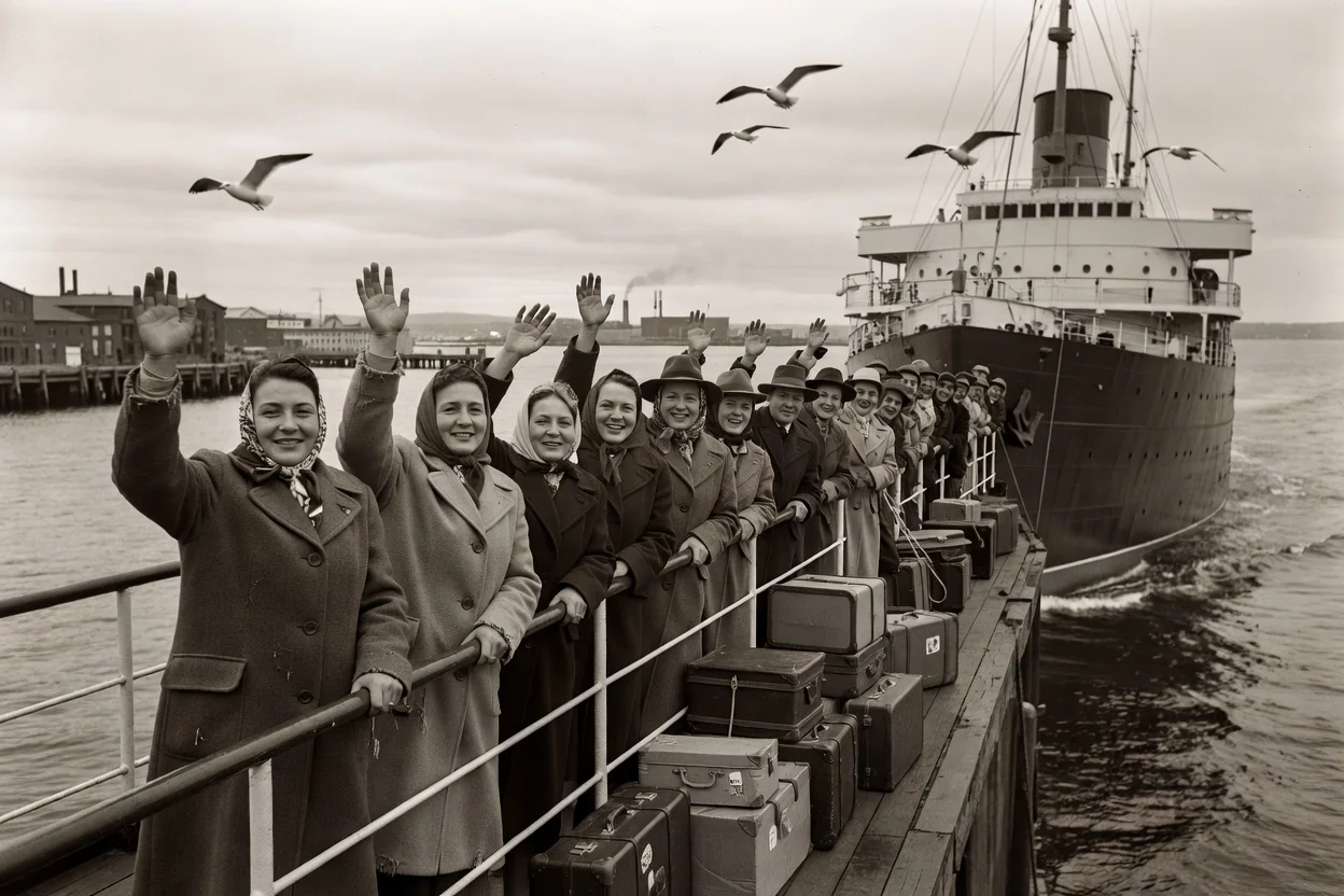 Displaced persons on the deck of an ocean liner waving as it arrives at Halifax harbour in 1949, vintage suitcases visible at the rail