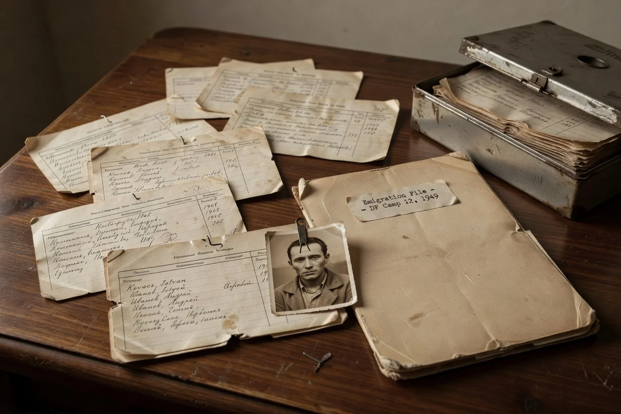 Displaced persons registration index cards and emigration documents from the late 1940s spread on an archive table, typed entries in Latin and Cyrillic script