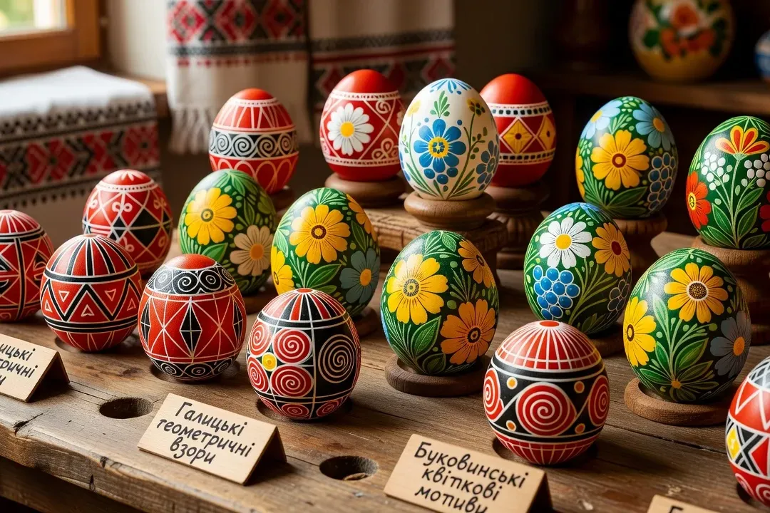 Display of traditional Ukrainian pysanka Easter eggs in various regional patterns on wooden surface