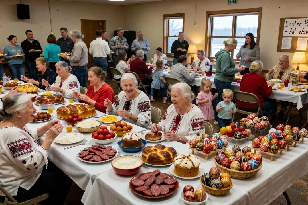 Ukrainian community Easter celebration in PEI church hall with traditional food and pysanka display