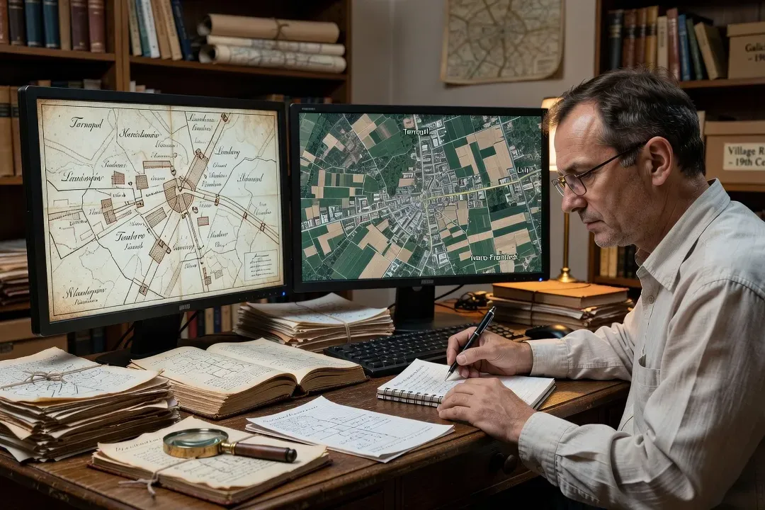 Researcher comparing 1880s Galician military map with modern Google Maps satellite view on dual computer screens