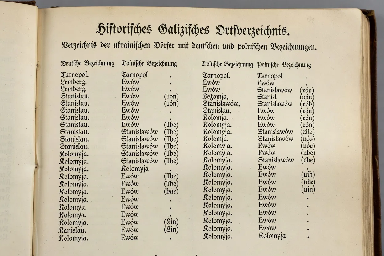 Historical Galician gazetteer directory page listing Ukrainian village names in German and Polish
