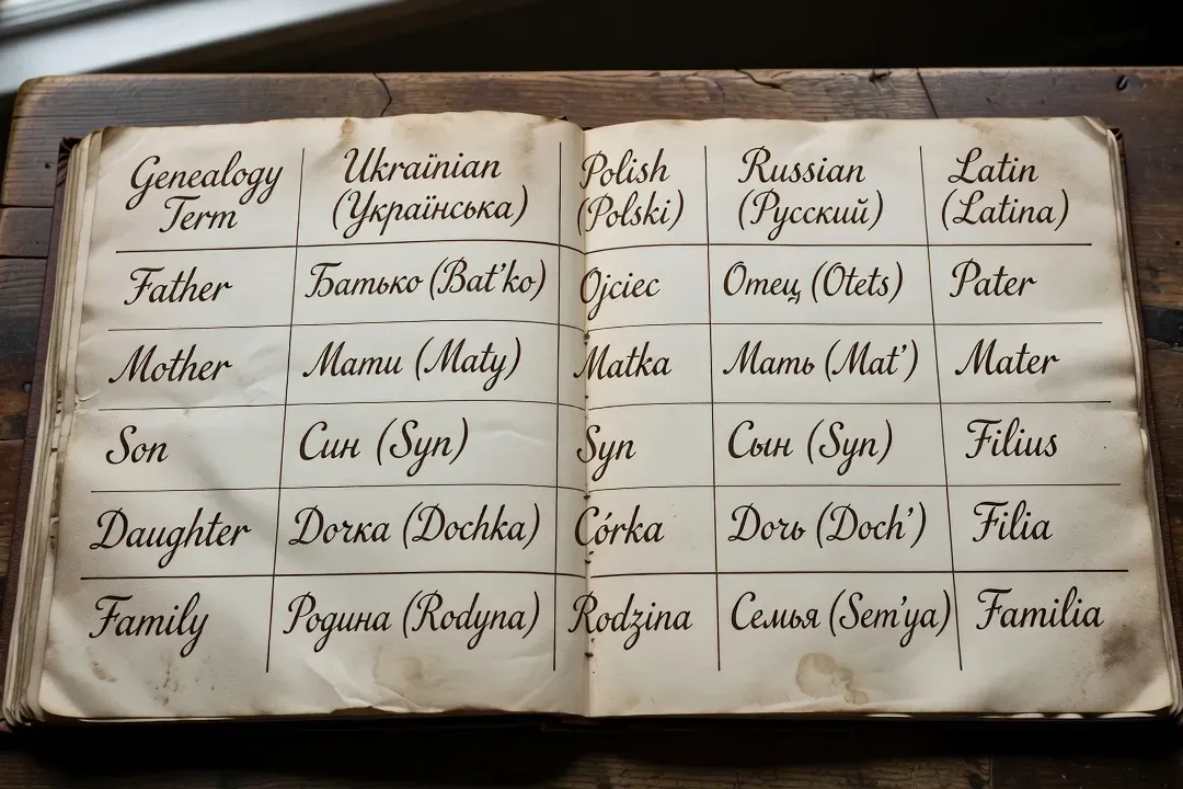 Comparison table showing Ukrainian, Polish, Russian and Latin genealogy terms side by side