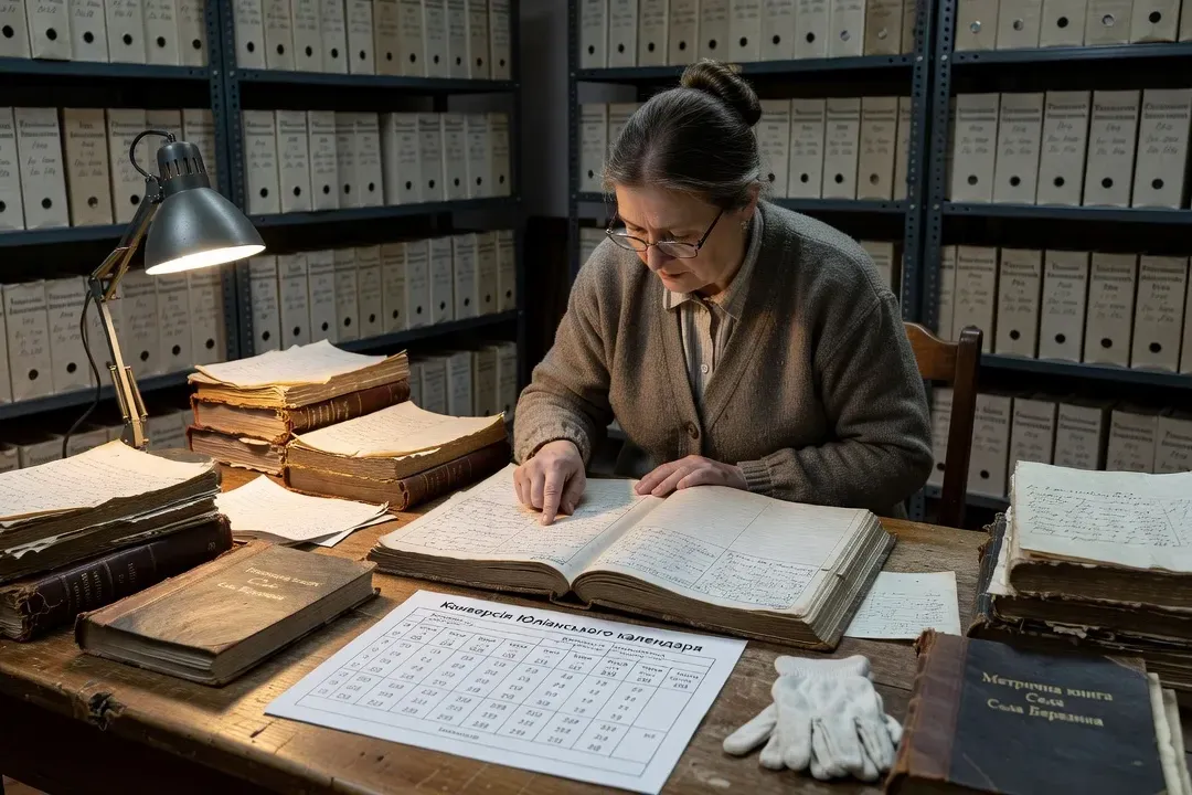 Ukrainian archivist pointing to Julian calendar conversion chart next to Cyrillic date entries in old church register