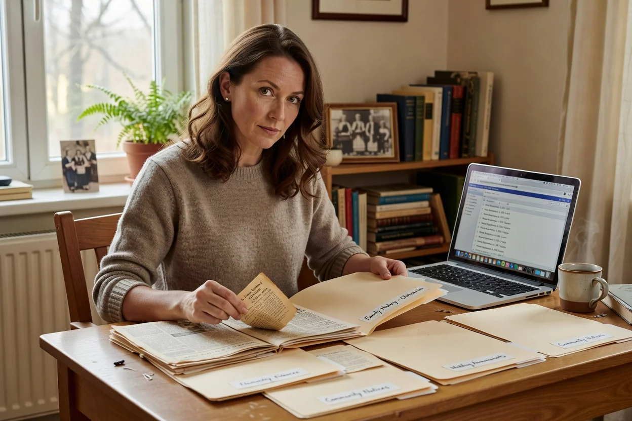 Adult Ukrainian-Canadian woman organizing newspaper clippings of obituaries and wedding notices at a table