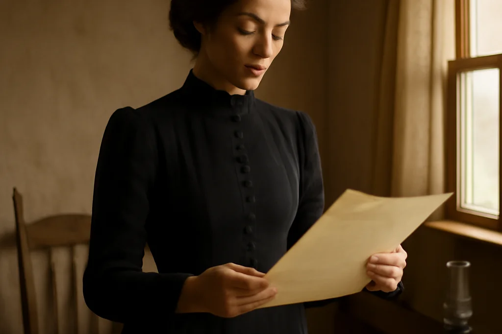 Elegant woman reviewing an old land deed document in a prairie farmhouse