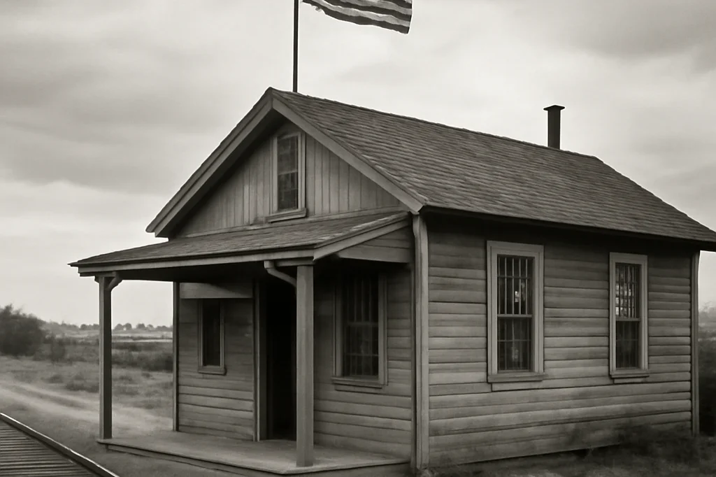Vintage early 20th century wooden immigration inspection station building with a flag