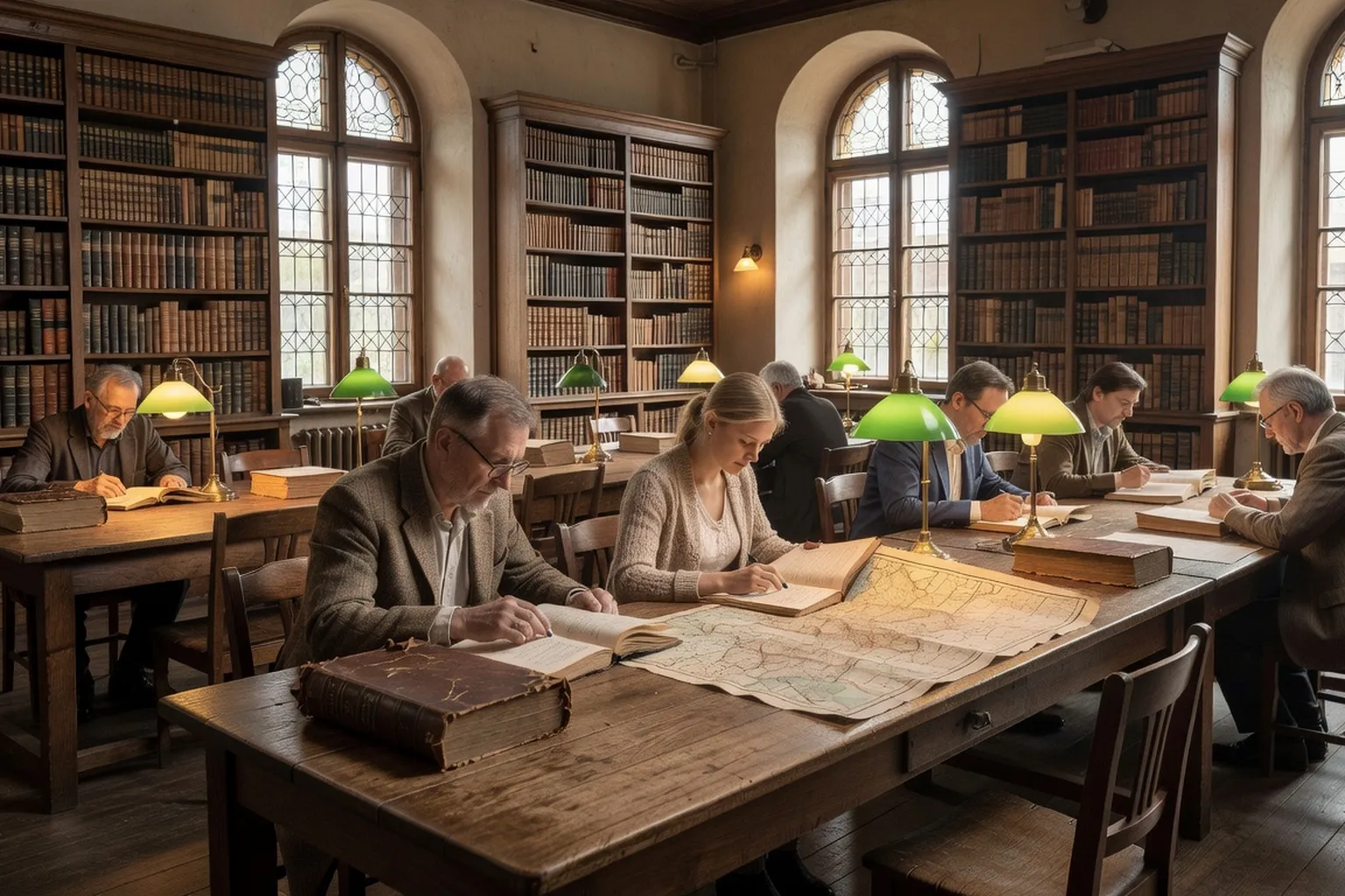 The reading room of the Lviv State Historical Archives, with researchers consulting bound metrical registers under green-shaded library lamps