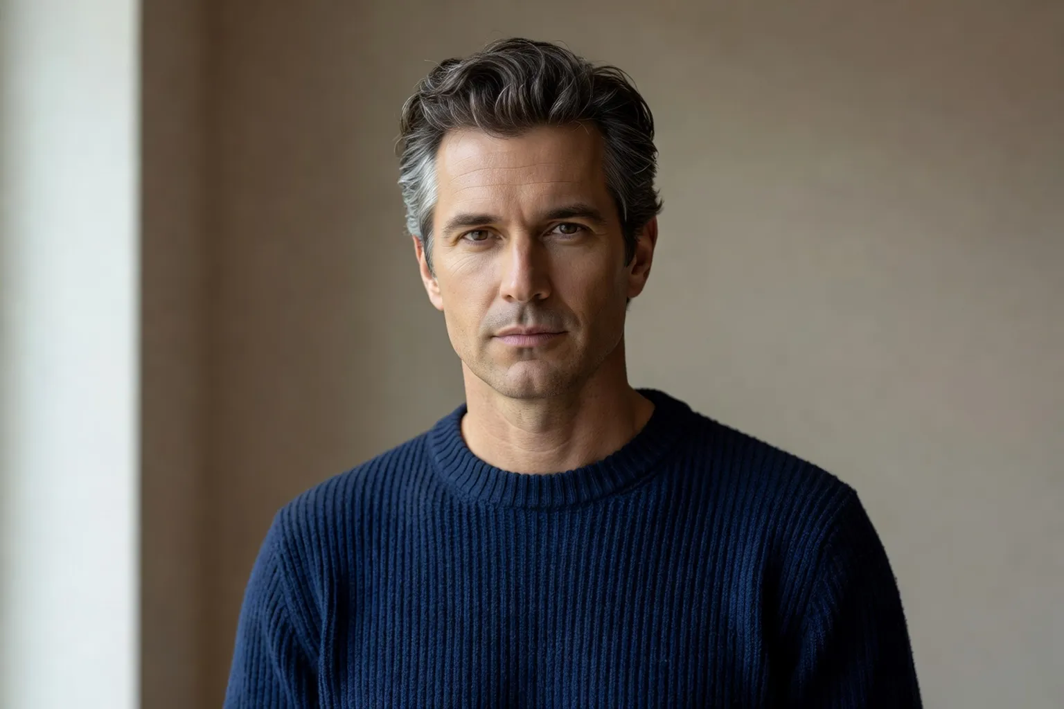 Editorial portrait of Marko Hrynchyshyn, a fourth-generation Ukrainian-Canadian man in his late forties, wearing a wool sweater, in front of a wooden farmhouse