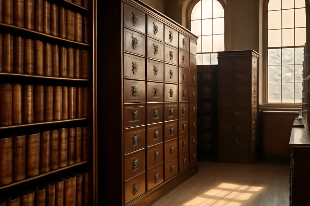 Rows of archival filing cabinets in a wood-panelled Canadian courthouse records room