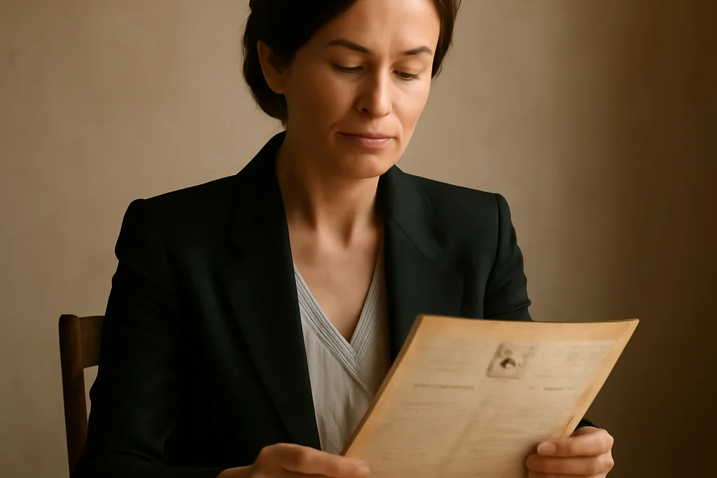 Woman closely examining an aged official citizenship document at a desk