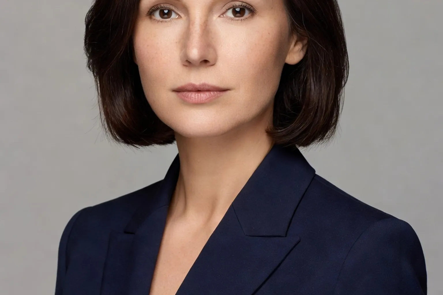 Editorial portrait of senior archivist Olena Kovalenko, dressed in a navy blazer, standing in front of bookshelves of bound metrical registers