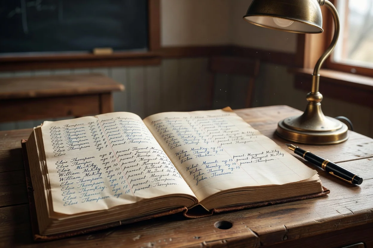 Close-up of a handwritten one-room school register page listing pupils, ages, and parent names