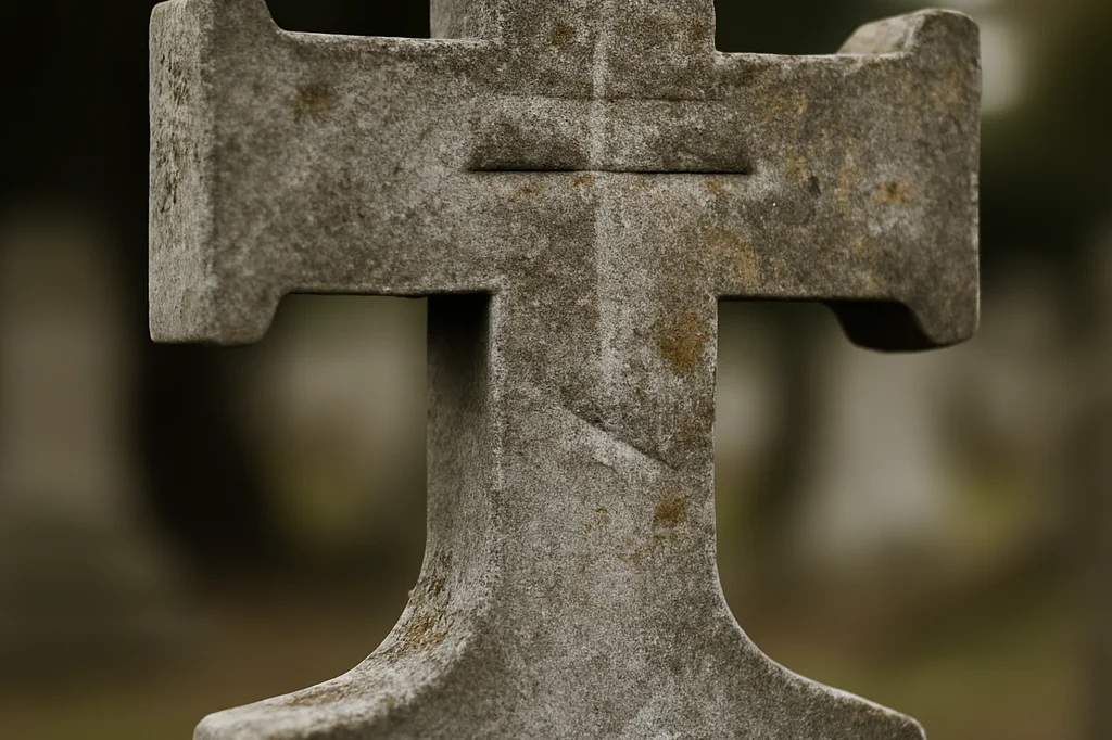 Weathered stone Orthodox cross headstone with worn carved inscription