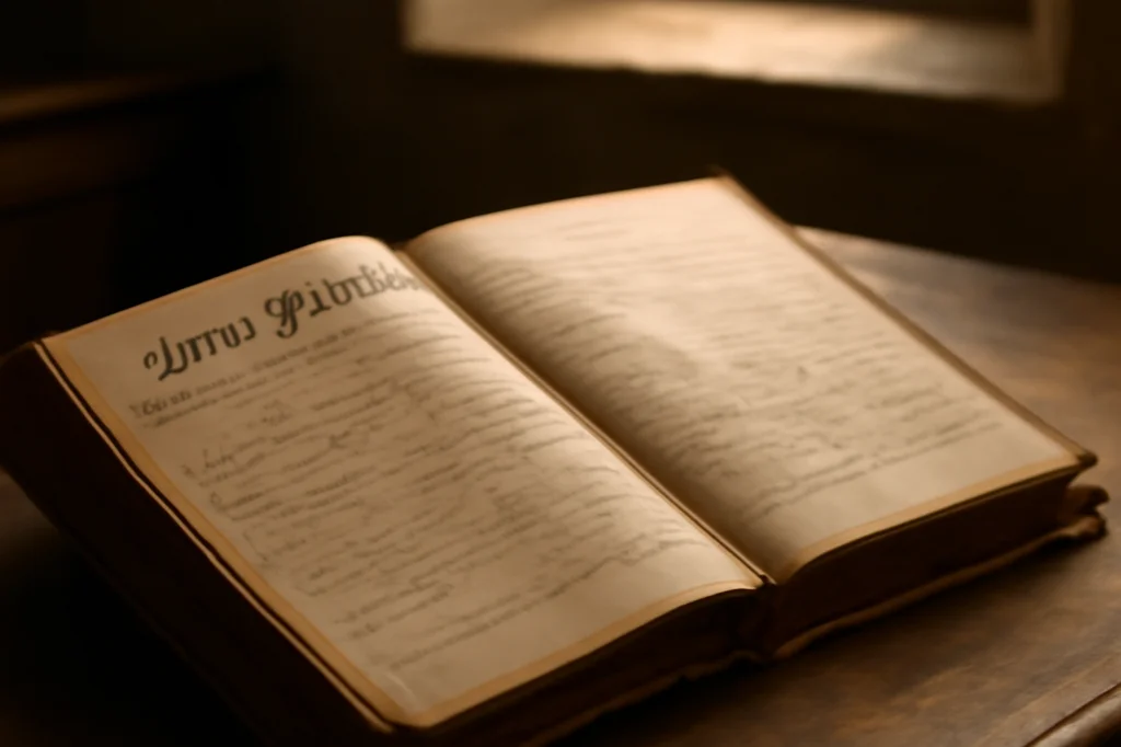 Old leather-bound parish burial register lying open on a wooden church archive table