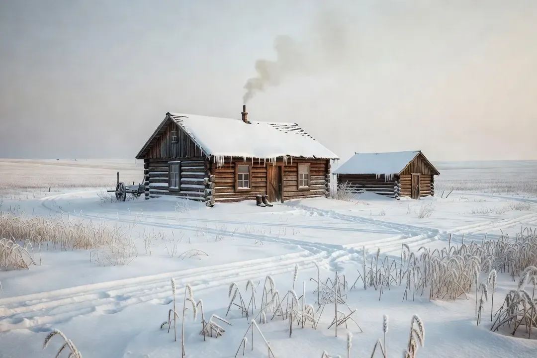 1900s Ukrainian prairie homestead in Saskatchewan winter landscape, historical photographic style