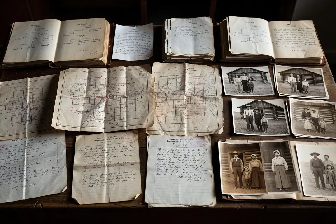 Original Canadian homestead file documents with maps and handwritten land descriptions, archival style