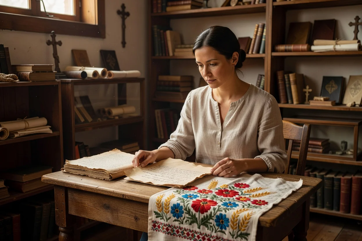 Adult Ukrainian-Canadian woman researching school registers and parish archives in a reading room