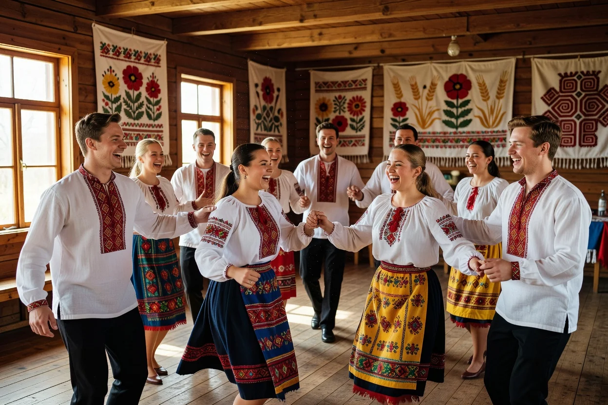 Ukrainian-Canadian young adults practicing a traditional folk dance inside a wooden community hall