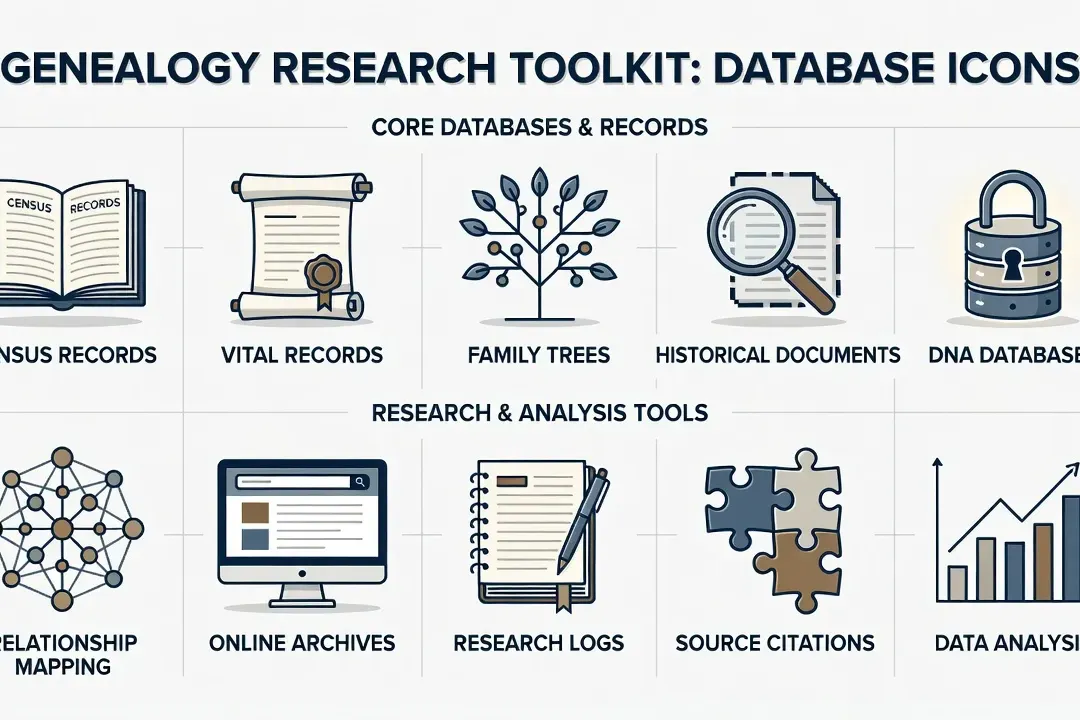 Collection of genealogy database website logos arranged as research toolkit concept