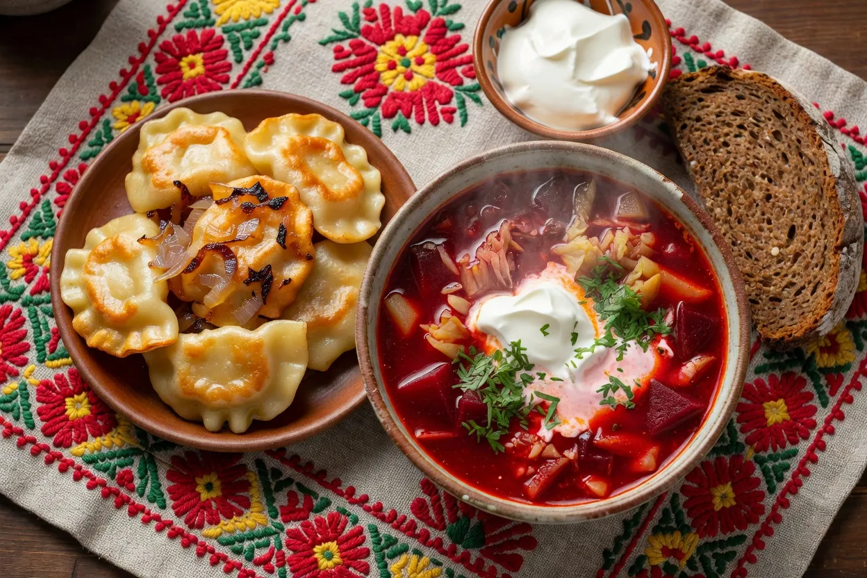 Traditional Ukrainian borscht and pierogi arranged on a wooden table with embroidered napkin