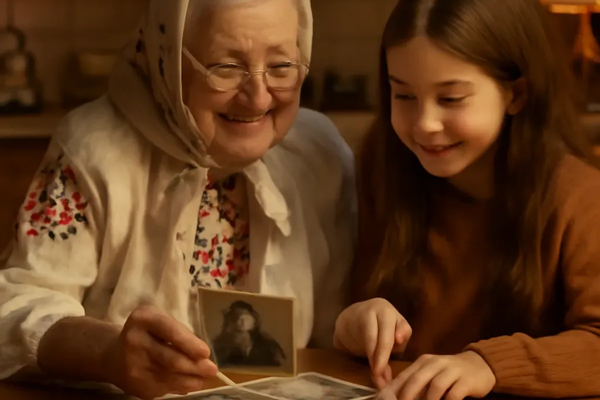 Elderly Ukrainian-Canadian woman being interviewed at her kitchen table with a smartphone recorder and old family photographs spread out
