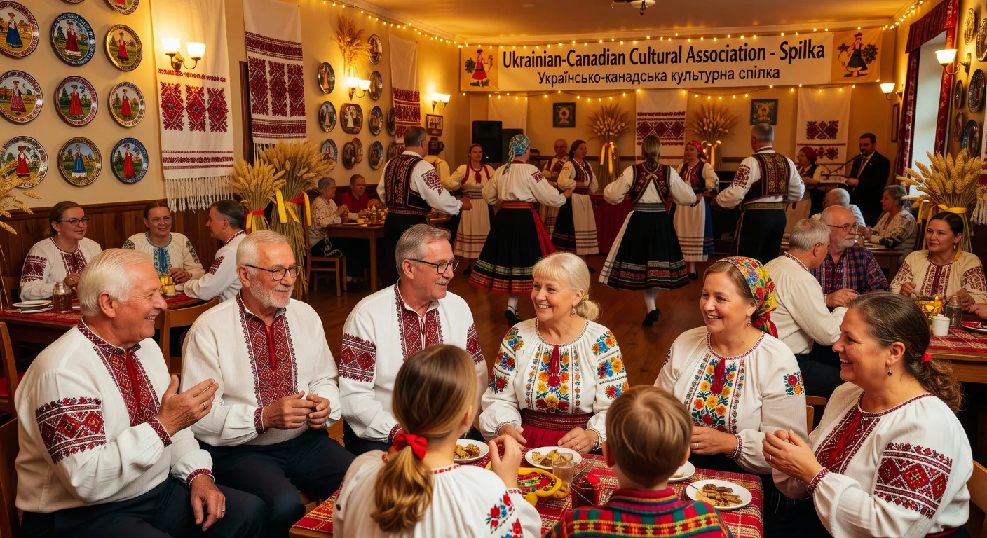 Ukrainian-Canadian cultural gathering with traditional dress and community hall setting