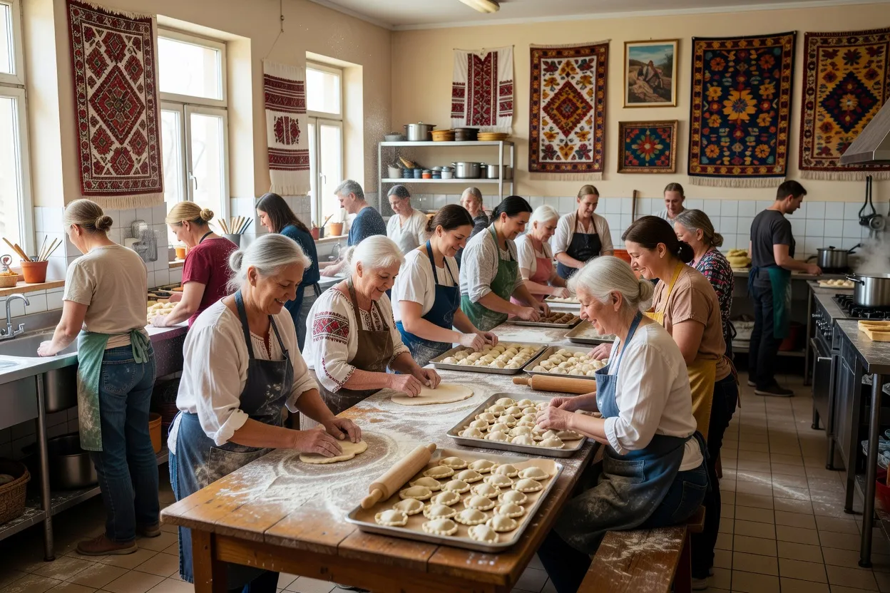 Volunteers preparing food together in a Ukrainian-Canadian community parish kitchen