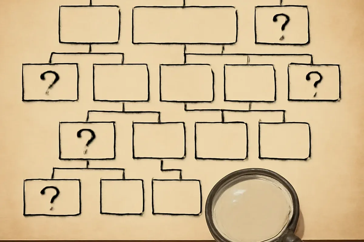 Genealogist reviewing a name ladder chart tracing surname spelling changes across generations