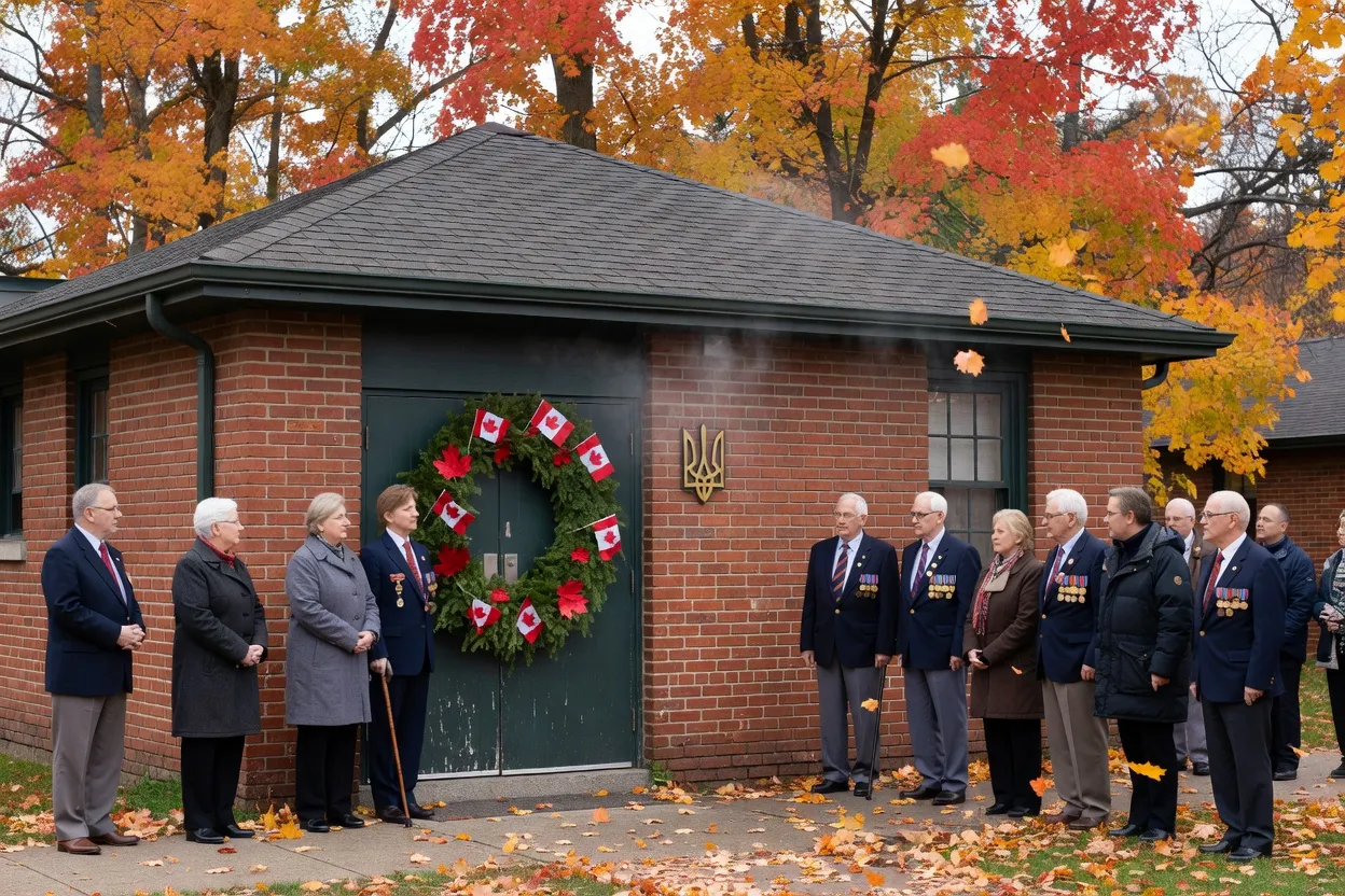 Exterior of a Ukrainian-Canadian Royal Canadian Legion branch hall with flags and memorial plaque