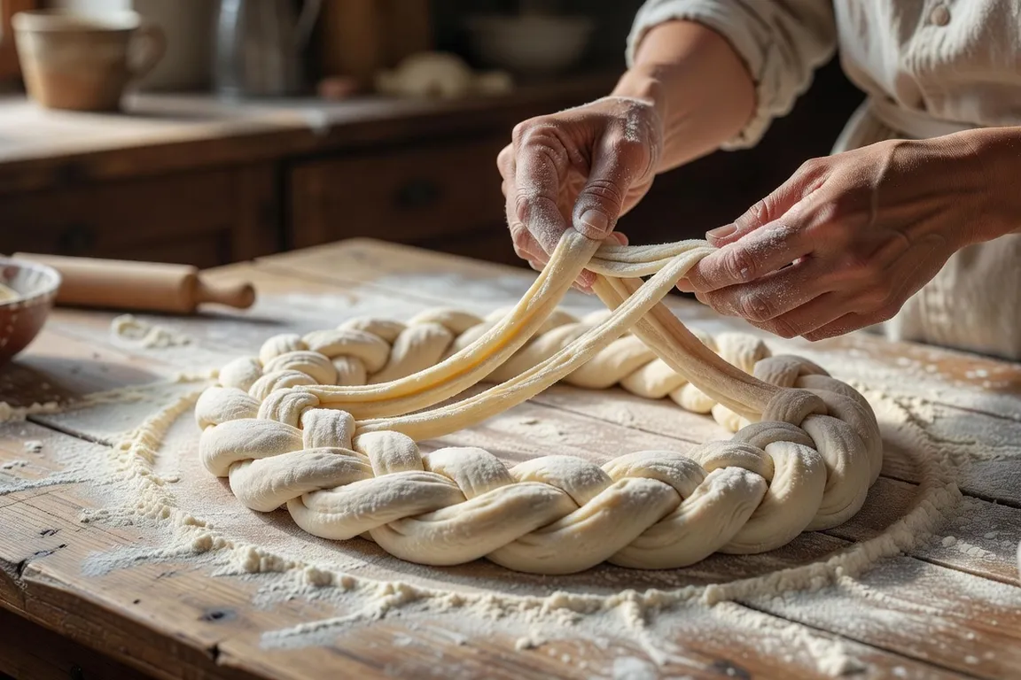 Traditional braided Ukrainian kolach Christmas bread with three stacked rings and a lit candle on a rustic wooden table