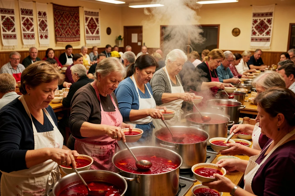 Volunteers ladling red borscht from large stockpots at a Ukrainian-Canadian church hall community supper