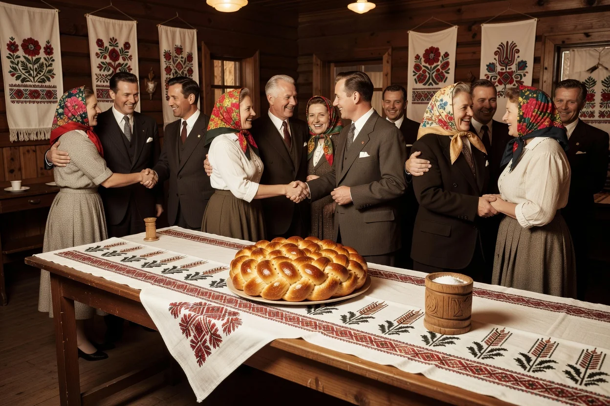 Ukrainian-Canadian community hall welcome reception in the early 1950s, long table with a round braided korovai bread and a salt cellar on an embroidered rushnyk, women in headscarves and men in suits greeting newcomers