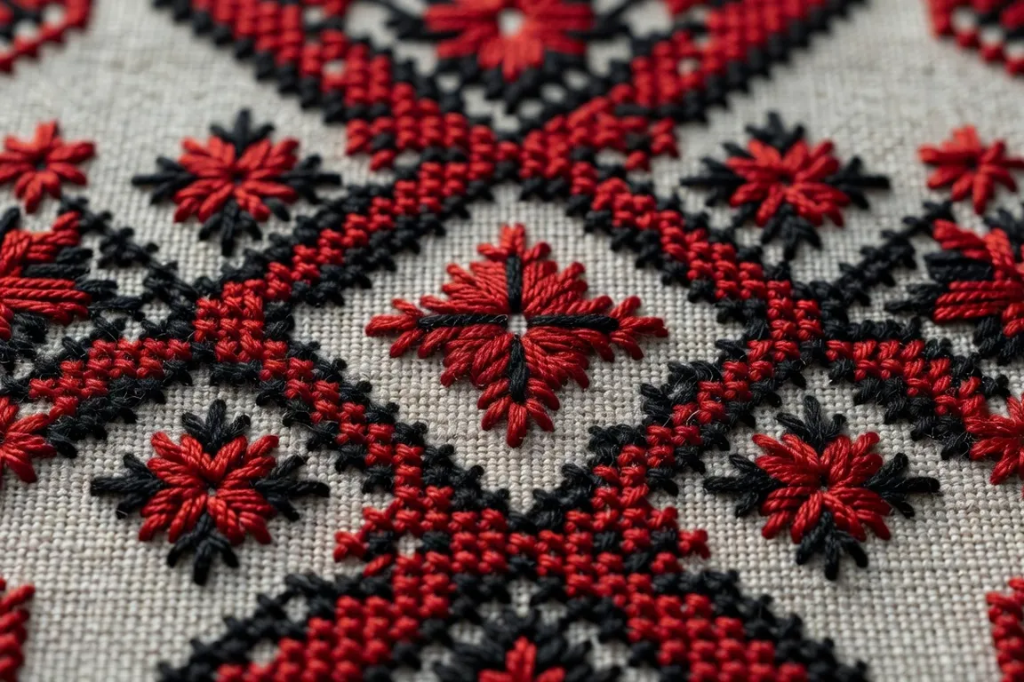 Close-up of red and black geometric cross-stitch embroidery typical of the Galicia region