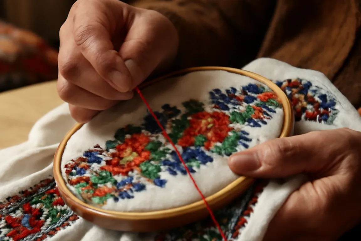 Vibrant Hutsul-style embroidery with beadwork in red, yellow, and green from the Carpathian region