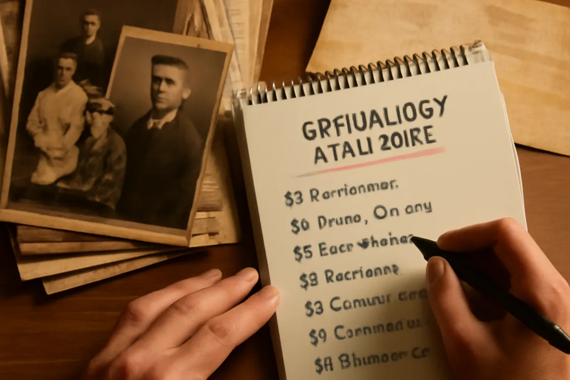 Family documents, old photographs, and a handwritten letter spread out on a wooden table during genealogy research