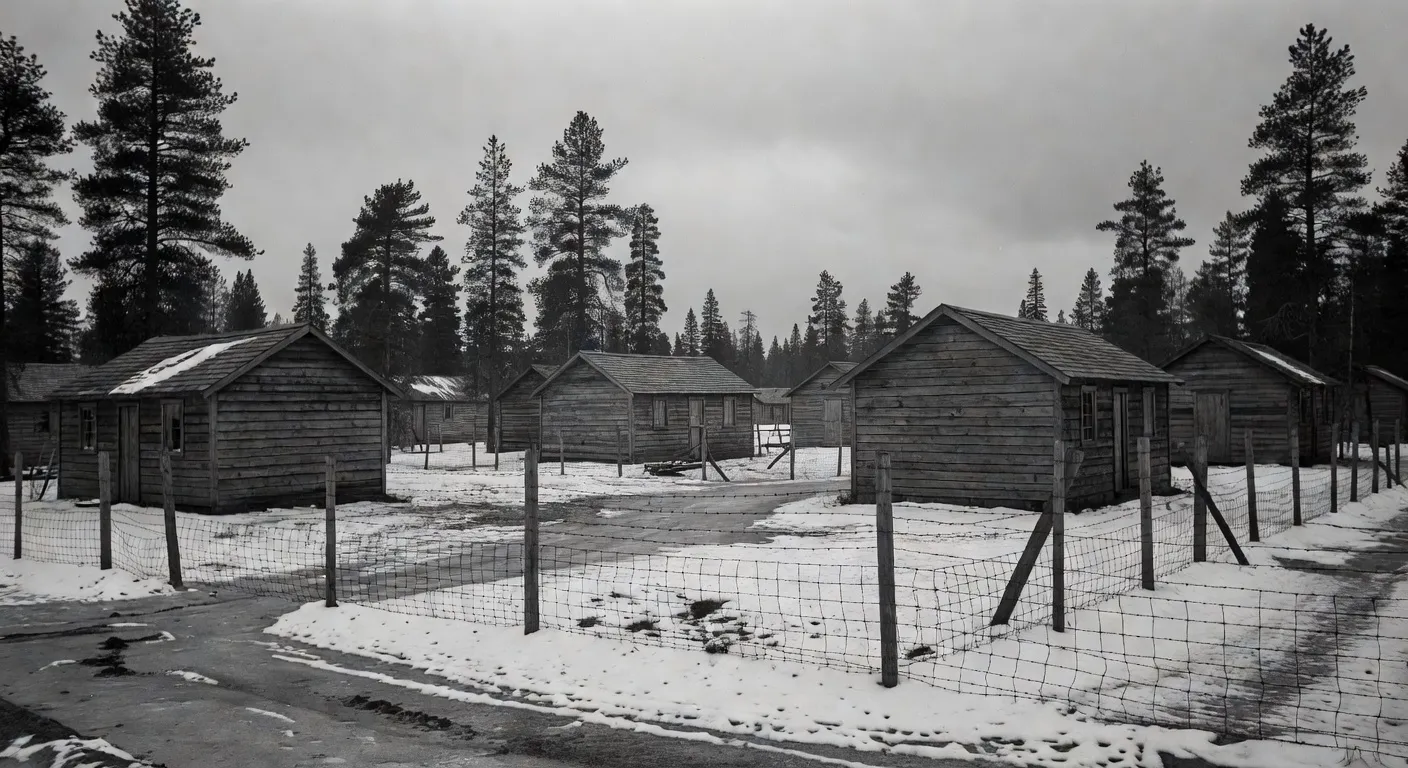 Atmospheric historical-style image of a Canadian internment camp with wooden barracks in wilderness