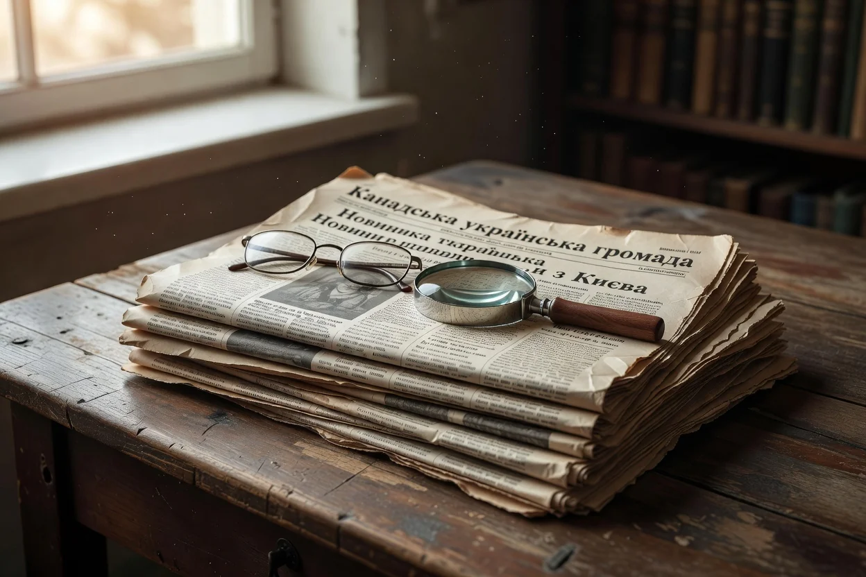 Reader browsing bound volumes of a Ukrainian-language Canadian newspaper in a library archive