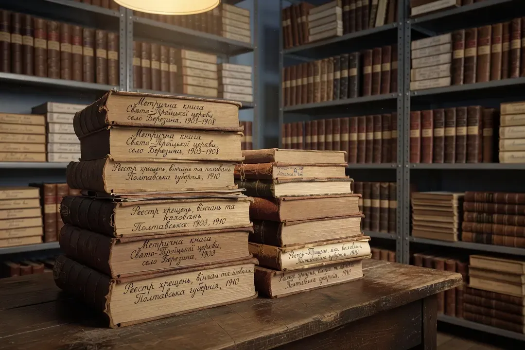 Stack of handwritten Ukrainian church registers and metrical books from the 1900s