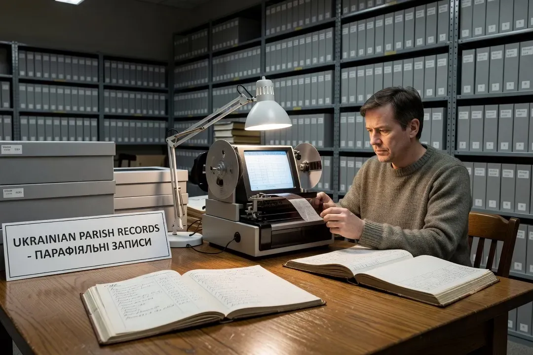 Canadian archival reading room with researcher examining Ukrainian parish records microfilm