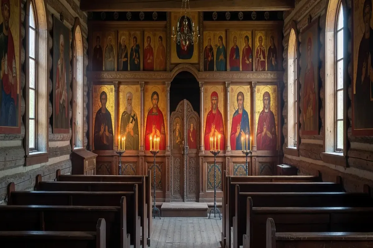 Historic Ukrainian Orthodox prairie church with onion domes and wooden construction typical of early twentieth century Canadian settlements