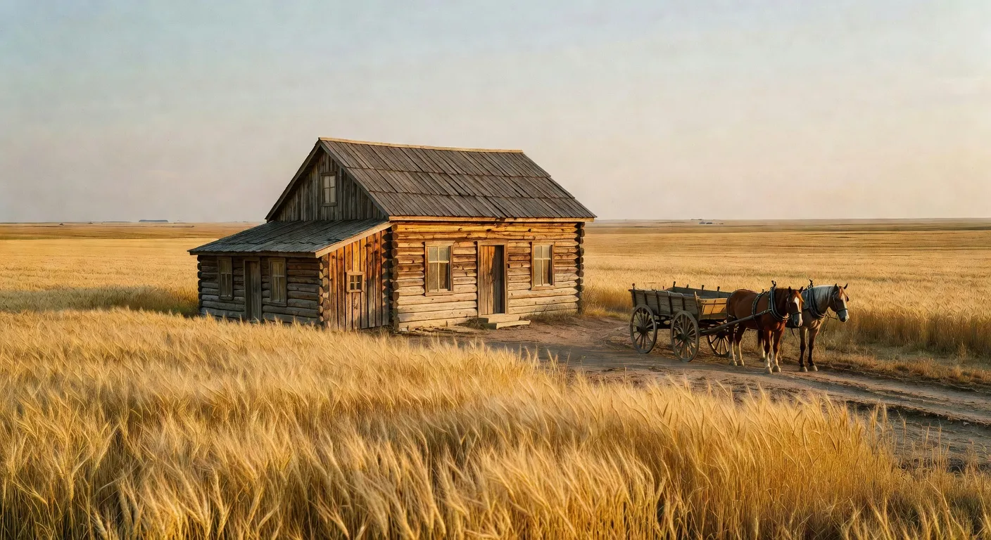 Historical Ukrainian homestead on the Canadian prairies, early 20th century aesthetic