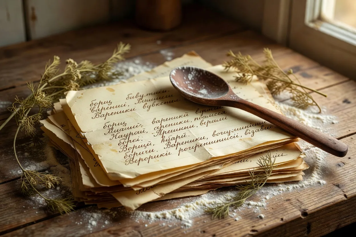 Close-up of handwritten Ukrainian-Canadian recipe cards for borscht and varenyky in fading blue ink