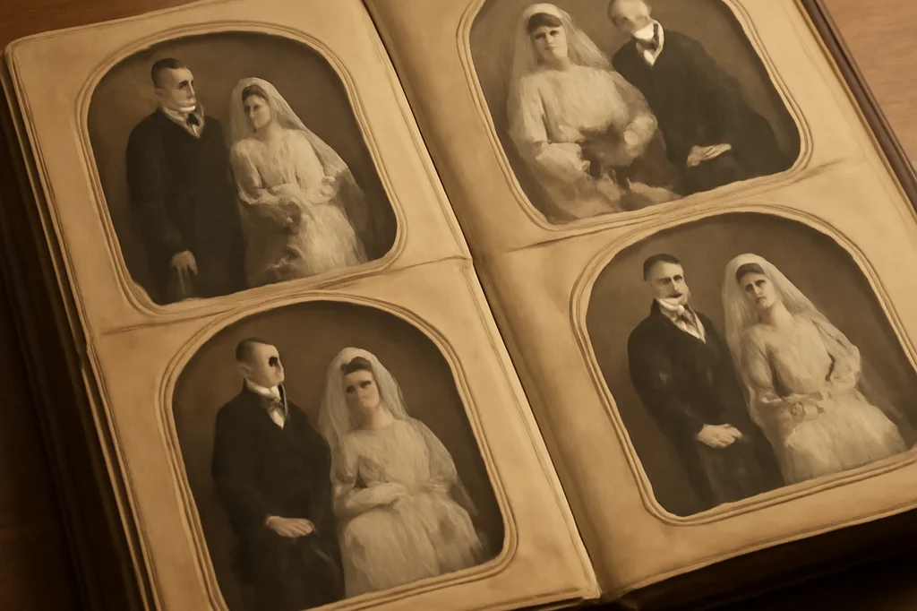 Open antique photo album with faded sepia wedding portraits from the early 20th century